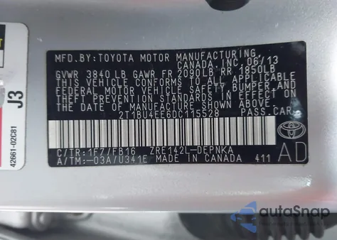 2013 Toyota Corolla Le z USA, uszkodzony, nr VIN 2T1BU4EE6DC115528